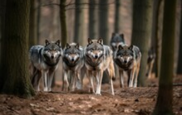Four wolves in the woods