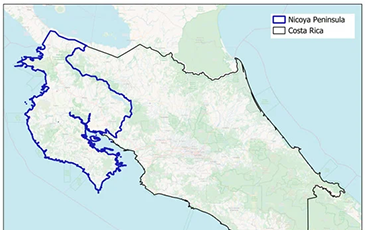 Map of study area. The black line is the Costa Rica boundary and the blue line is the Nicoya Peninsula boundary.