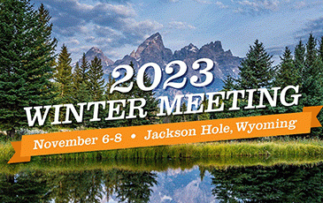 Picture of Mountains with the words 2023 Winter Meeting November 6-8 Jackson Hold Wyoming